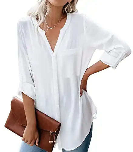 Dordanity Damen Bluse mit V-Ausschnitt und langem Arm in Weiß