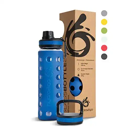 Glas Trinkflasche hydro2go mit Silikonhülle und Sportverschluss