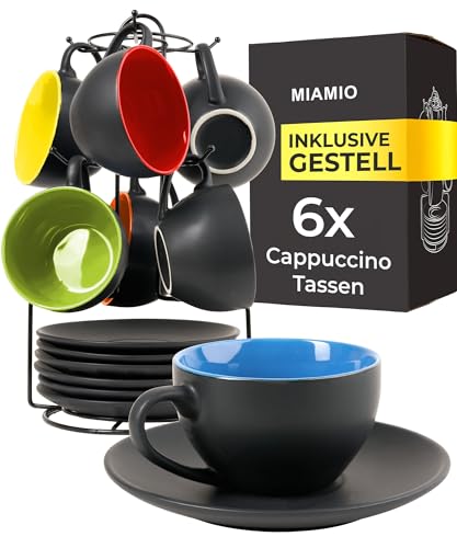 Cappuccino Tassen Miamio – 6 x 175 ml mit Unterteller und Ständer