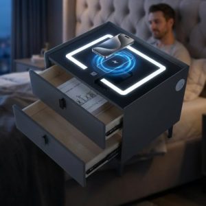 Nachttisch Oyajia Schwarz mit kabellosem Aufladen und LED-Licht