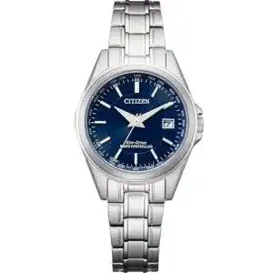 Funk-Solaruhr Damen Citizen Eco Drive Edelstahl Silber-Blau 29mm