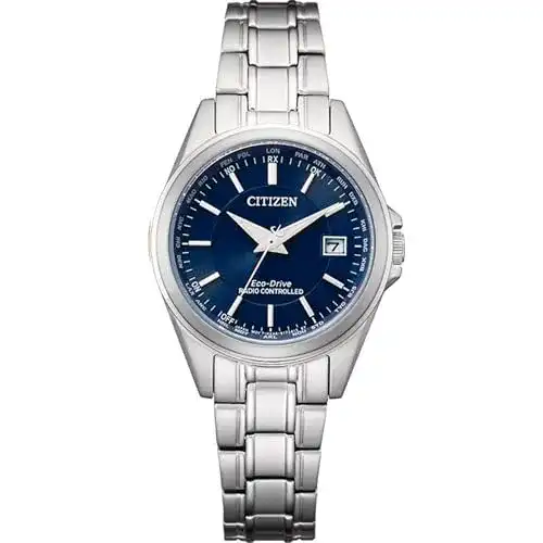Funk-Solaruhr Damen Citizen Eco Drive Edelstahl Silber-Blau 29mm