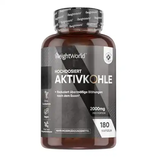 Aktivkohle-Kapseln von WeightWorld – 2000mg pro Portion, 180 vegane Kapseln