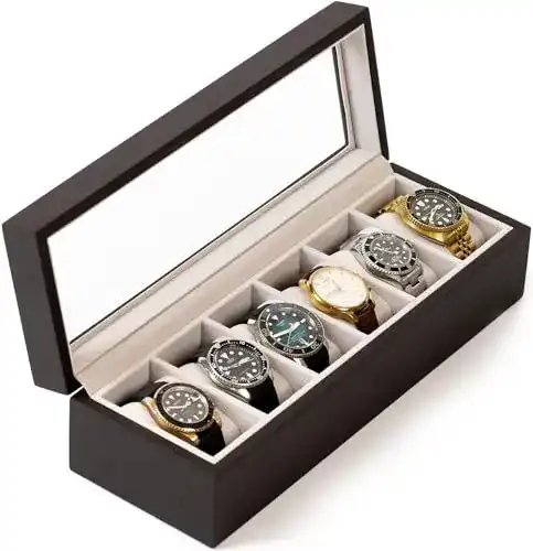 Uhrenbox aus Echtholz für 6 Uhren mit Glasfenster