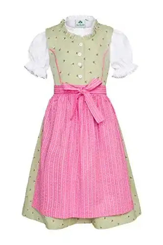 Dirndl für Kinder im Set: Kleid, Bluse und Schürze in Rosa und Grün