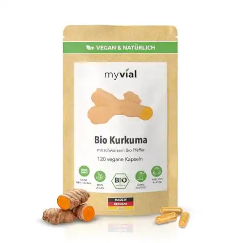 Bio-Kurkuma-Kapseln von Myvial hochdosiert mit schwarzem Pfeffer