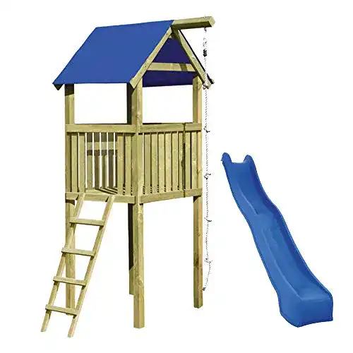 Spielturm Gartenpirat Alto mit blauer Rutsche und Kletterseil