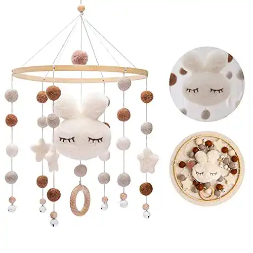 Baby-Mobile Promise Babe Holz Kaninchen mit Filzbällen für Kinderzimmer