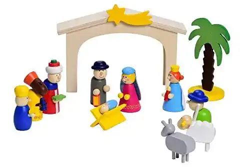 Weihnachtskrippe mit 10 Figuren aus Holz von ewtshop