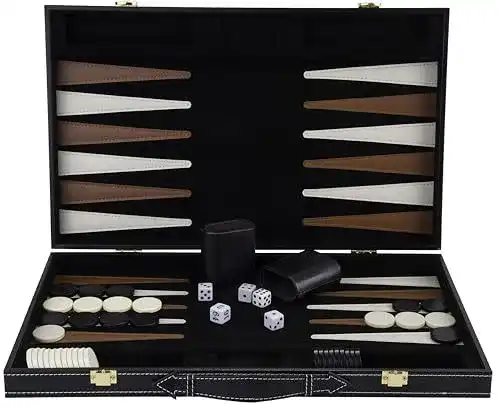 Backgammon Engelhart – Spiel aus Holz mit Kunstleder-Verzierungen