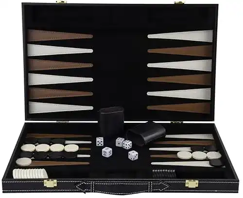Backgammon Engelhart – Spiel aus Holz mit Kunstleder-Verzierungen