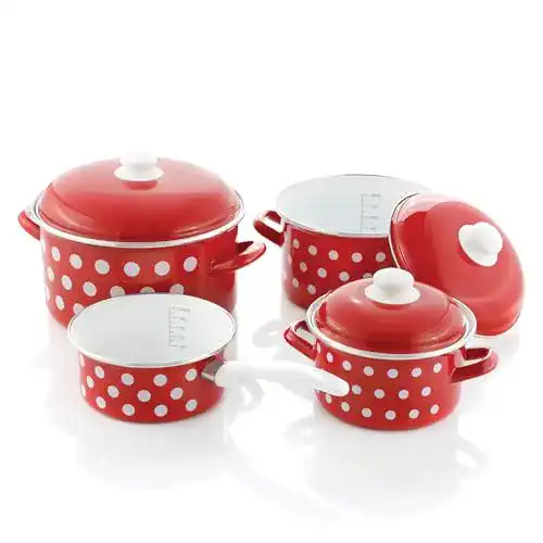 Emaille-Topfset GSW Kochtopfset Pünktchen – 7-teiliges Set mit Deckeln