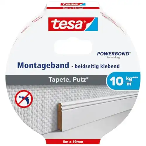 Tesa Powerbond Montageband für Tapeten und Putz mit 10 kg Haltekraft