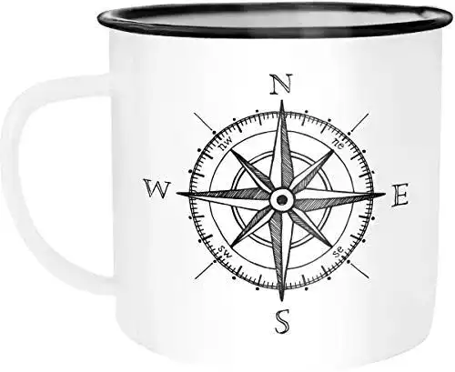 Emaille Tasse Moonworks mit Kompass und Windrose für Zuhause und Camping