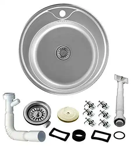 Edelstahlspüle SPACE Design Rund 49 cm mit Überlauf und Syphon Set
