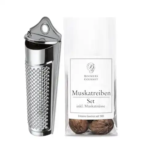 Muskatreibe Boomers Gourmet mit Aufbewahrungsbehälter und Muskatnüssen