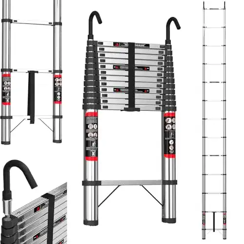 Teleskopleiter 5 Meter mit Haken aus Edelstahl