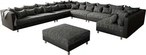 Wohnlandschaft Delife Couch Clovis XXL Schwarz mit Hocker