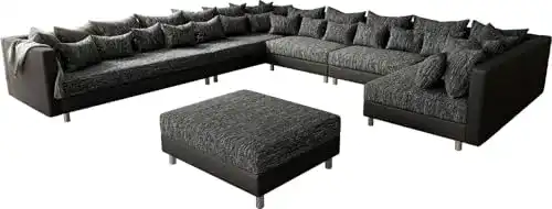Wohnlandschaft Delife Couch Clovis XXL Schwarz mit Hocker