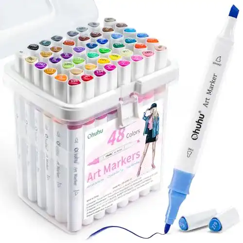 Alkoholmarker Set Ohuhu mit 48 Farben und Doppelspitze