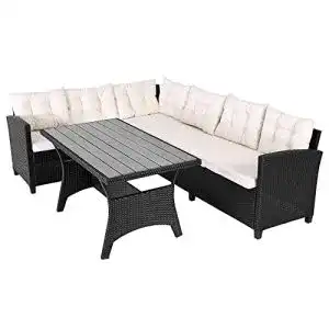 Eckbank Set aus Polyrattan mit WPC Esstisch und Auflagen für Garten