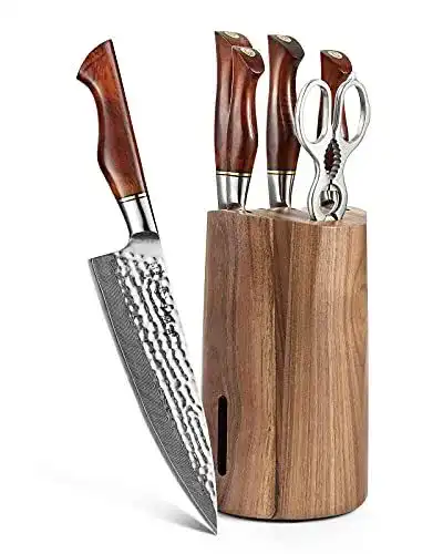 Damastmesser-Set Hezhen 7-teilig mit Messerblock und scharfen Klingen