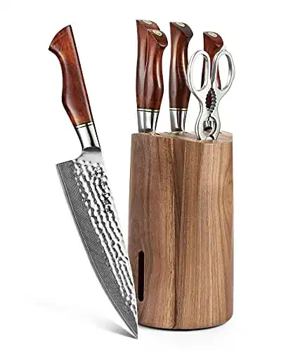 Damastmesser-Set Hezhen 7-teilig mit Messerblock und scharfen Klingen