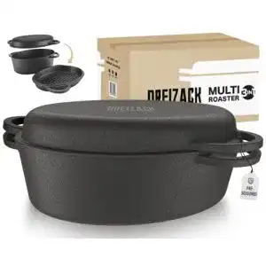 Dreizack Ostove ovaler Gusseisen Bräter mit Grilldeckel und 8,3L Volumen