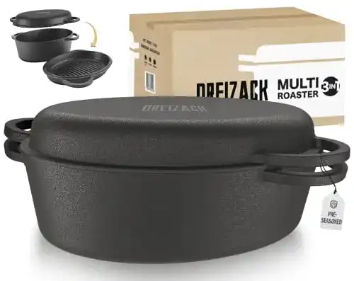 Dreizack Ostove ovaler Gusseisen Bräter mit Grilldeckel und 8,3L Volumen