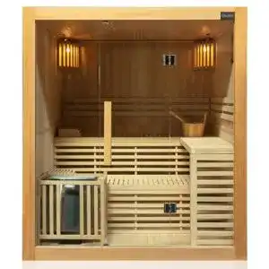 Finnische Sauna Dewello Sarnia 180×140 cm aus Hemlock mit 6 kW Ofen