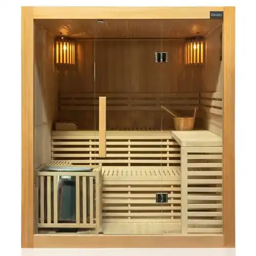 Finnische Sauna Dewello Sarnia 180×140 cm aus Hemlock mit 6 kW Ofen