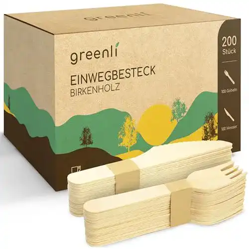 Holzbesteck Greenli Einwegbesteck Set – 200 Holzgabeln und Holzmesser
