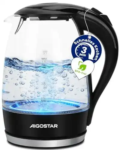 Aigostar Adam Wasserkocher aus Glas mit 1,7 Litern und 2200 Watt