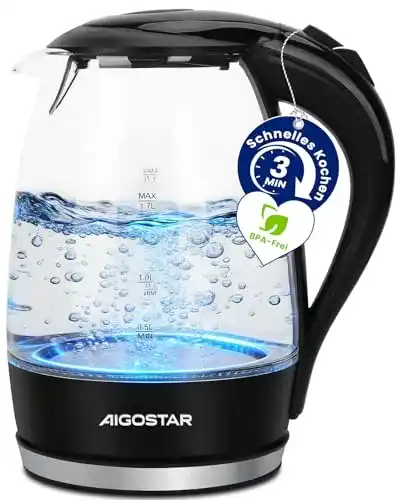 Aigostar Adam Wasserkocher aus Glas mit 1,7 Litern und 2200 Watt