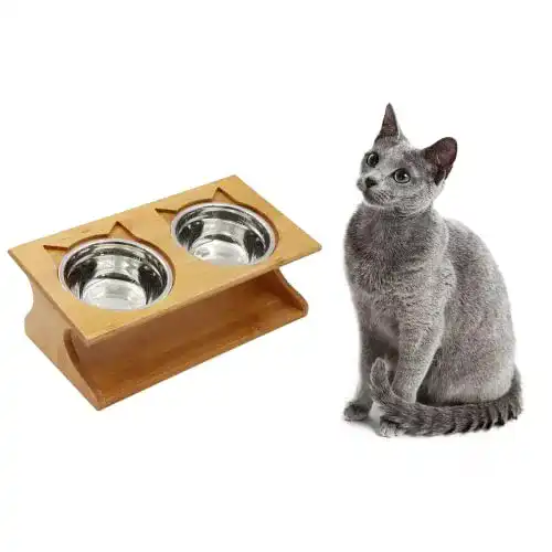 Katzennapf Set aus Bambus und Keramik für Katzen und Hunde