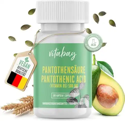 Vitamin B5 Pantothensäure 500 mg Kapseln von Vitabay, 100 vegane Kapseln