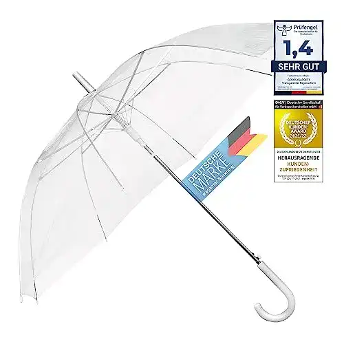 Durchsichtiger Regenschirm mit weißem Griff und 100 cm Durchmesser
