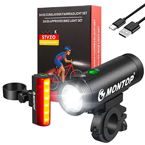 Fahrradlicht Set MONTOP StVZO zugelassen mit USB Akku und LED