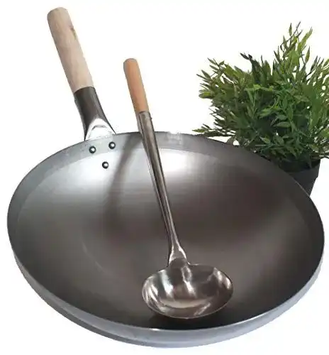 Wok aus Carbonstahl mit Wok Kelle, 40 cm Durchmesser für Gas- und Induktionsherd