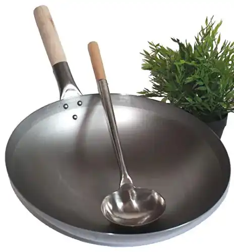 Wok aus Carbonstahl mit Wok Kelle, 40 cm Durchmesser für Gas- und Induktionsherd