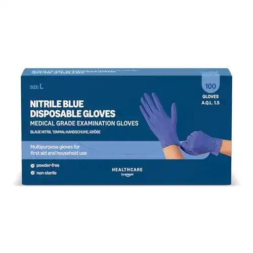 Einmalhandschuhe Größe L von Amazon Basic Care in blauer Nitril-Qualität