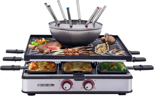Giveneu Raclette-Fondue-Set elektrisch mit 600ml Fondue-Topf und Grillplatte