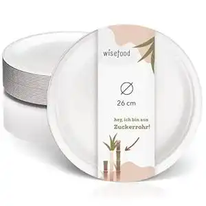 Zuckerrohr Teller von Wisefood, 50 Stück, flach und umweltfreundlich