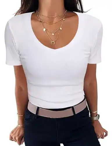 Weißes Damen T-Shirt mit V-Ausschnitt von Aottori Stretch Tee in Basic-Design