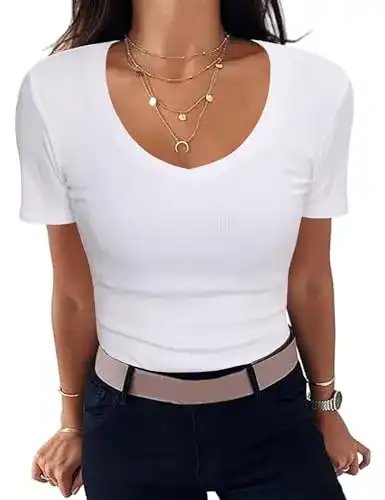 Weißes Damen T-Shirt mit V-Ausschnitt von Aottori Stretch Tee in Basic-Design