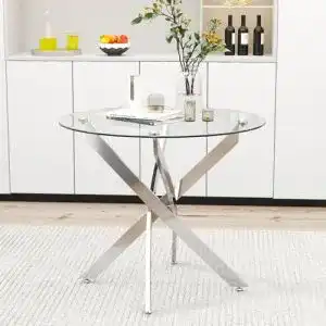 Runder Esstisch aus Glas mit Metallbeinen für Wohnzimmer und Küche