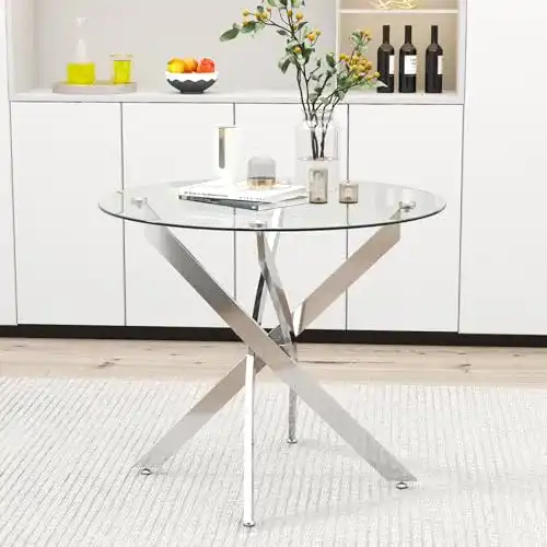 Runder Esstisch aus Glas mit Metallbeinen für Wohnzimmer und Küche