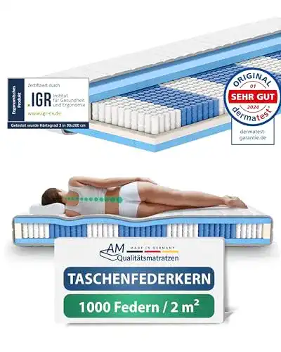 Matratze 90 x 220 cm mit 1000 Federn und 7-Zonen-Taschenfederkern