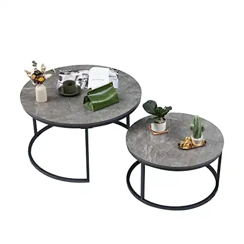 Marmor Couchtisch Soayone rund im 2er Set in Grau mit Metallgestell