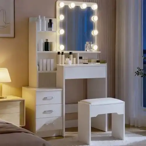 Schminktisch Tukailai mit LED-Beleuchtung und Hocker im modernen Design